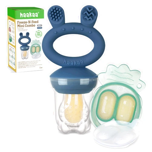 Haakaa Baby Fruit Food Feeder & Mini Freezer Nibble Tray Combo, Breastmilk Popsicle Molds for Baby Cooling Relief, BPA Free Silicone Feeder for Safe Infant Self Feeding, 4 Month+ (Steel Blue)