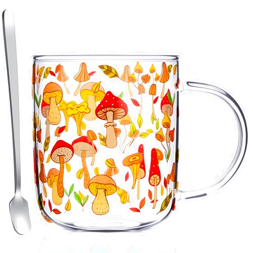 CHENGU Mushroom Mug with Handle, 15 oz Clear Mushroom Glass Cup Gift Cup with Stainless Steel Spoon for Coffee Tea Milk Stuff Decor for Christmas Thanksgiving
