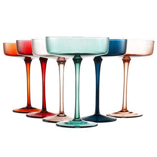 The Wine Savant Colored Vintage Art Deco Coupe Glasses - Martini, Cocktail & Champagne Ribbed Glasses 7oz | Set of 6 | Cute Pastel Muted Crystal Cocktail Glassware, Goblet Cocktails, Stemmed Ripple Glassware Gift Box