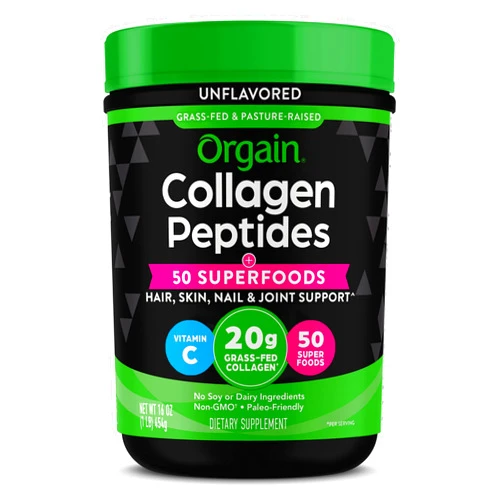 Orgain Hydrolyzed Collagen Powder + 50 Organic Superfoods For Women & Men, 20g Grass Fed Collagen with Vitamin C, Unflavored - Hair, Skin, Nail, & Joint Support Supplement, Non-GMO, Type I & III, 1lb