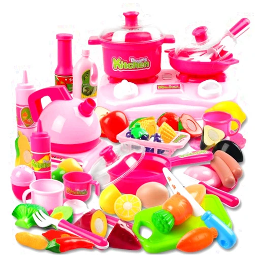 Kimicare 58 Piece Kitchen Cooking Set Girls Boys Fruit Vegetable Tea Playset Toy for Kids Early Age Development Educational Pretend Play Food Assortment Set