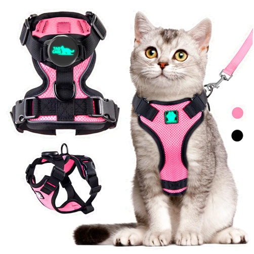 PROFAVO Cat Harness and Leash for Walking,Airtag Cat Harness and Leash Set with Integrated Hidden type Air Tag Holder,Escape Proof Reflective Adjustable Vest Harnesses with Apple Air Tag Case for Cats,Puppies