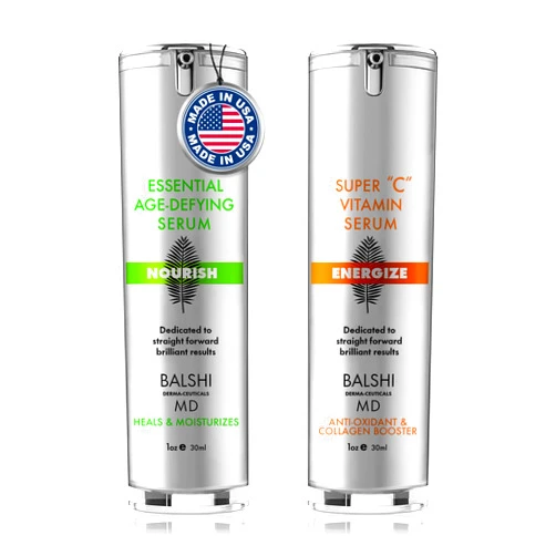 Balshi Derma-Ceuticals MD Energize Vit C Serum for Face & Eyes & NOURISH Essential Moisturizer Face Cream - Collagen Boosting Serum & Hydrating Anti-Aging Cream for Women & Men- 1oz + 1oz/30ml