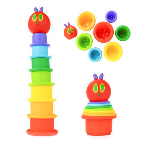 Kids Preferred World of Eric Carle The Very Hungry Caterpillar Bath Time Silicone Stacking Cup Set with Caterpillar Head Squirty Perfect for Water Play Ages 18 Months and Up