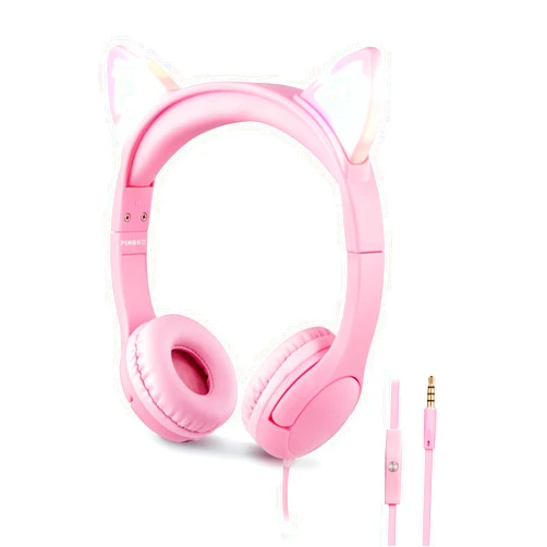 PINGKO Kids Headphones: Toddler Headphones with Microphone - Cat Ear Headphones for Girls Boys, LED Light 3.5mm Jack, 85db Volume, Music Sharing Stereo Earphones for iPad | School | Travel (Pink)