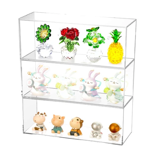 JUXYES 3 Tiers Acrylic Display Case for Collectibles, Wall Mounted or Tabletop Acrylic Display Case Box with Door, Clear Dustproof Acrylic Boxes for Display Mini Action Figures, No Assembly Required