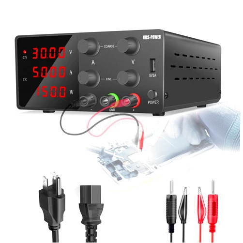 NICE-POWER DC Power Supply Variable, 30V 5A Adjustable Bench Power Supply with Coarse/Fine Adjustments Knob, Switching DC Regulated Power Supply with 4-Digit LED Display, 5V/2A USB Port, Stable Output