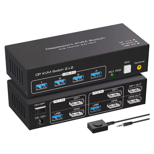 ATLAHET Displayport KVM Switch 2 Monitors 2 Computers 8K 60Hz 4K 120Hz Dual Monitor USB 3.0 KVM Switches for 4 USB Devices, Wired Extension Button,12V DC Adapter and USB3.0 Cables