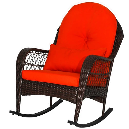 MEDIMALL Outdoor Wicker Rocking Chair, Patio Rattan Rocker w/Lumbar Pillow, Padded Seat & Back Cushions, Metal Frame, Mix Brown Wicker Furniture for Balcony, Porch, Deck, Backyard (Red)