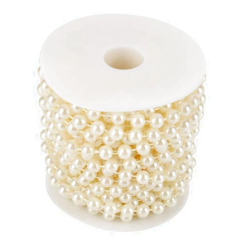 Walfront 10m/roll 8mm Cotton Line Artificial Pearl Beads String Chain Garland Flowers Wedding Decoration Craft Pearl String(Beige)