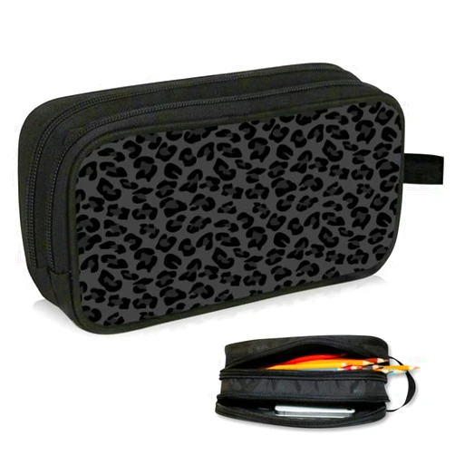 WOBAGMEN Double Layer Pencil Case with Handle Large Pencil Bag Cute Print Pencil Pouch for Boys Girls (Black Leopard)