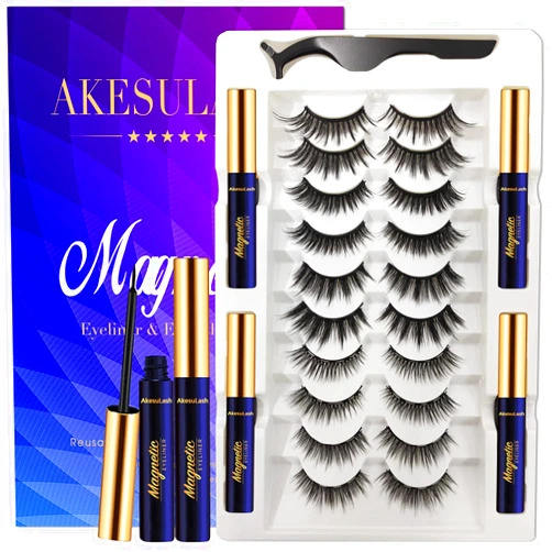 AkesuLash Magnetic Eyelashes Natural Look with Eyeliner Kit 10 Pairs - AkesuLash Magnetic Lashes - 4 Tube of Magnetic Eyeliner for Reusable Magnetic Eyelash Kit