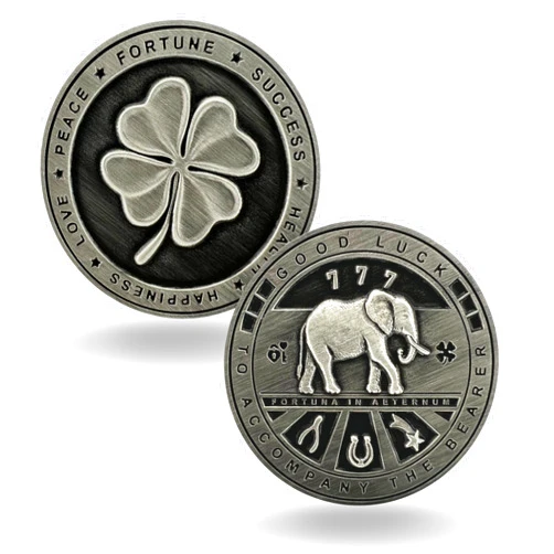 Luck Lab Two Sided Lucky Coin Featuring One Side with a Four Leaf Clover and One Side with Elephant and Lucky Symbols - 1.5 inches