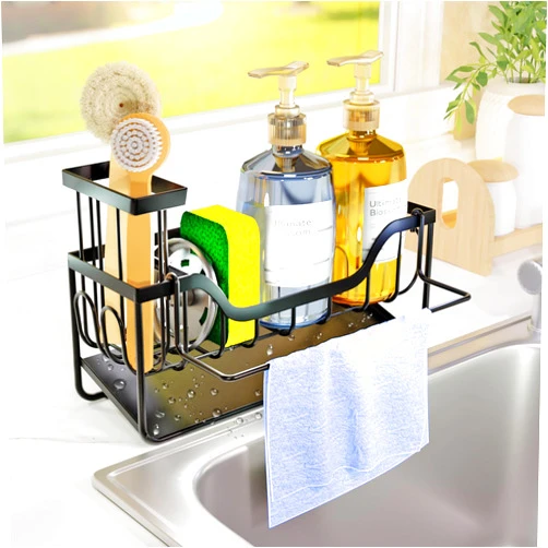 Nooir Kitchen Sink Caddy, Sponge Holder for Kitchen Sink, Stainless Steel Kitchen Sink Organizer and Storage with Auto-Drain, Removable Brush Holder and Dishcloth Rack, Kitchen Gadgets Sponge Organizer