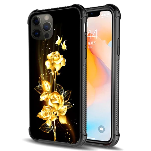 DAIZAG Compatible with iPhone 12 Case,All-Round Protection Shockproof Anti-Scratches TPU Cover,Cases for Man Woman-Gold Flower Rose Butterfly