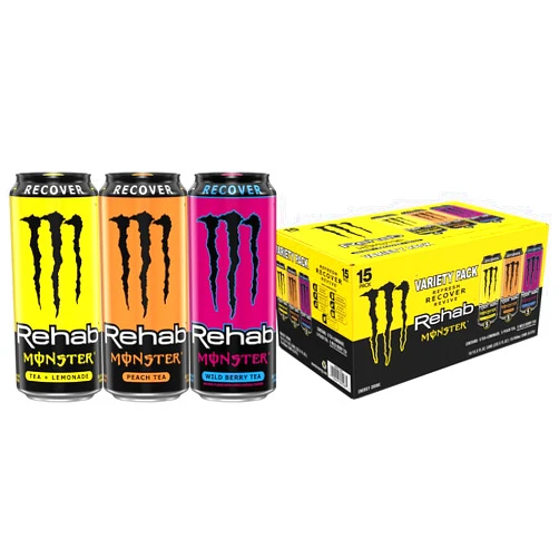 Monster Energy Rehab Tea + Lemonade, Peach Tea, Wild Berry Tea, Variety Pack, Energy Iced Tea,15.5 Ounce (Pack of 15)