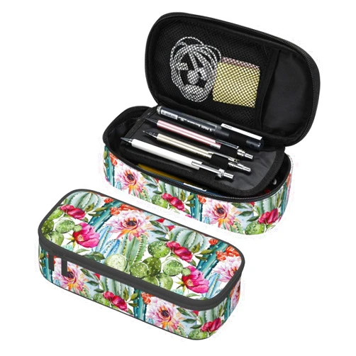 HKHEHOP Cute Watercolor Cactus Floral Pencil Case Big Capacity Storage Pencil Pouch Stationery Bags With Zipper Portable Pen Holder Box Organizer For Boys Student College School Office Supplies