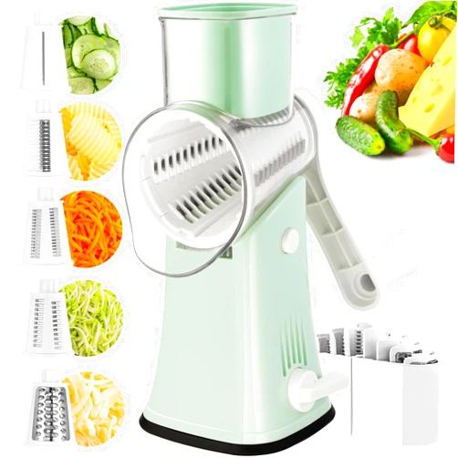VEKAYA Rotary Cheese Grater, 5 in 1 Cheese Grater with Handle, Replaceable Stainless Blades Cheese Shredder, Cheese Vegetable Slicer, Easy to Clean Kitchen Gadgets with Storage Box