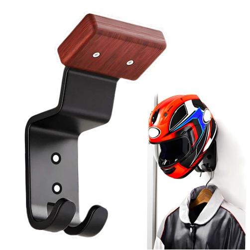 FSTURIOS Helmet Holder Wall Mount, Motorcycle Helmet Holder Headgear Rack with Double Hooks, Solid Wood & Strong Steel Helmet Display Hanger Hooks for Football Helmet Jacket Coats