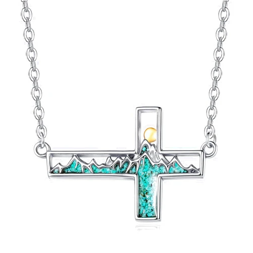 Zhi Kexin Turquoise Mountain Necklace for Women 925 Sterling Silver Sideways Cross Mustard Seed Pendant Christian Faith Jewelry Gifts for Skiers, Hikers, Campers, Climbers and Nature Lovers
