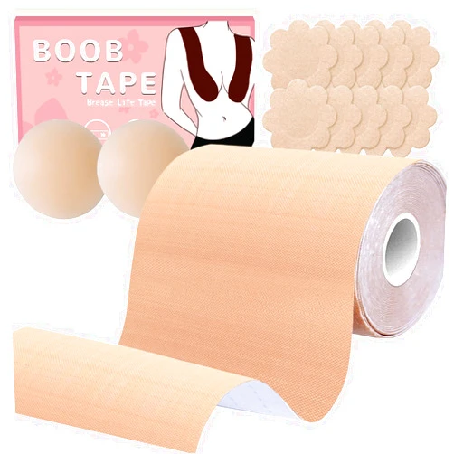 BEWTEIM Boobytape for Breast Lift Plus Size, XL Boob Tapes 5 inch Wide D-G Cup, Invisble Breast Tape Lifting Large Breast with 2 Reusable Nipple Covers 10 Satin Nipple Pasties Cream