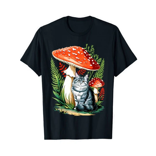 Mushroom Cat Lover Gift Co. Mushroom Cat, Cottagecore Aesthetic Cat With Mushroom Hat T-Shirt