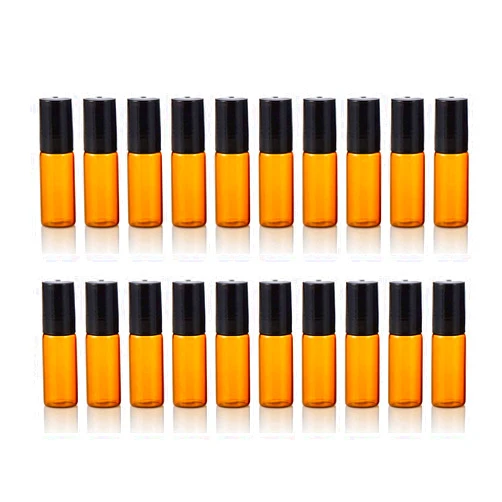 ELFENSTALL- 20PCS 5ml Amber Glass Roller Bottles Roll On Bottle Container with Metal Ball for Essential Oil Aromatherapy Perfumes and Lip Balms - 3ML Dropper Included