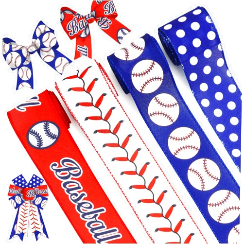 Blinket Baseball Wired Edge Ribbon for Gift Wrapping 2.5 Inch Red Blue Craft Ribbon Wired Fabric Ribbon for Sport Events DIY Bow Wreath Wrapping Supplies,2.5