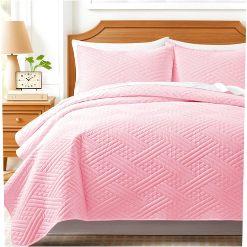 Lavsiry King Size Pink Quilt with Stripe Pattern, Summer Lightweight Thin Comforter Bedding Set, Soft Microfiber Bedspread & Coverlet for All Seasons - 3 Piece(1 Quilt, 2 Pillow Shams)