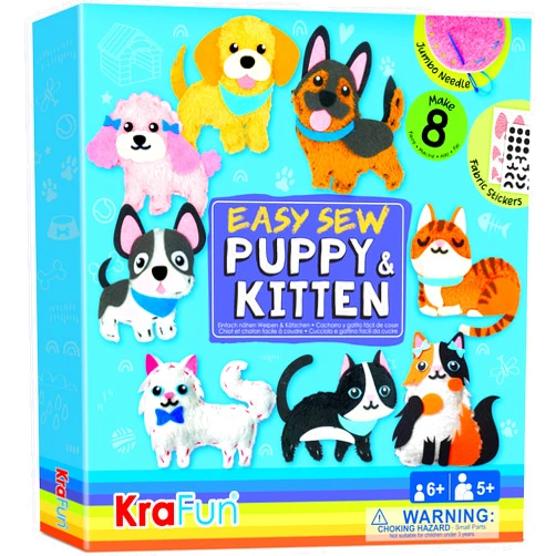 KRAFUN Easy Sewing Kit for Beginner Kids Arts & Crafts, 8 Easy DIY Projects of Stuffed Animal Dolls of Puppies & Kittens, Dogs and Cats, Instructions & Felt, Gift for Girls, Boys, Learn to Sew