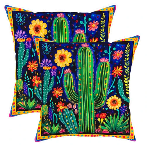 Generic Bohemian Cactus Flower Pillow Covers Set of 2, Multicolor Wild Desert Plant Throw Pillow Cases, Summer Succulent Decorative Tribal Decor Soft Cushion Covers for Home Sofa Bed Couch 18x18 Inch