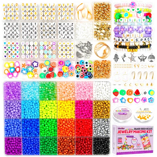 Gionlion 4mm Glass Seed Beads for Bracelets, 2 Boxes 24 Colors Bracelet Making Kit and Letter Beads for Jewelry Making, Friendship Bracelet Kit with Clay Beads for DIY Art Craft Kit Girls Gifts Toys