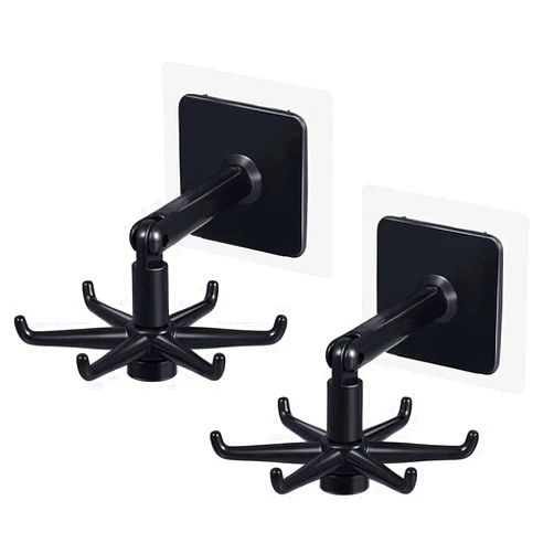 Fengirl Kitchen Utensil Hanger with 6 Hooks, Under Cabinet Utensil Holder Hanger Hook for Kitchen and Bathroom, 360° Rotatable Space Saving No Drilling Nail Free Organizer Hook, 2 Pack (Black)