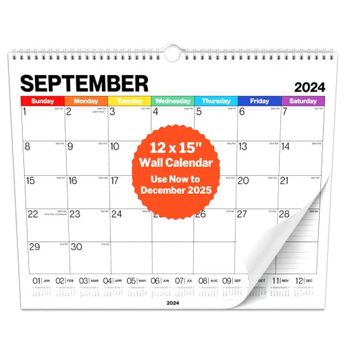 Dunwell Large Wall Calendar 2025 - (Colorful) 12x15 Wall Calendar, Use Now to December 2025, Big 15 x 12 Hanging Calendar or Monthly Calendar for Desk, 2024-25 Office Calendar