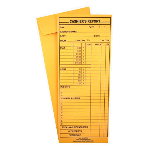 CASHIER DEPOT YOUR ONE STOP SHOP FOR ALL CASHIER'S NEEDS 100 Cashier Depot MT230 Cashier's Report Envelope, 4 1/2