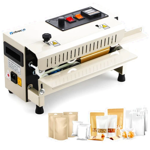 Frifreego Commercial Heat Sealer Machine, Automatic Continuous Band Sealer, Temp&Speed Adjustable, Horizontal Bag Sealing Machine for Plastic Packing Bags, Desktop Beige