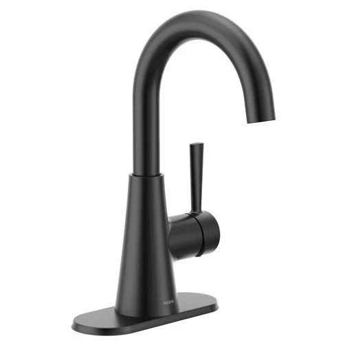 Moen Ronan Matte Black One-Handle Single Hole Modern Bathroom Sink Faucet with Optional Deckplate and Spring Loaded Drain Assembly, 84021BL