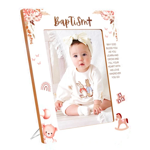 JARIFLEX Baptism Picture Frame Gifts For Girls,Personalized Christening Baby Gifts for Girls, Catholic Baby Baptism Gift from Godparents Friends Family, Pink Bear Wood Picture Frame (5x7-Vertical)​
