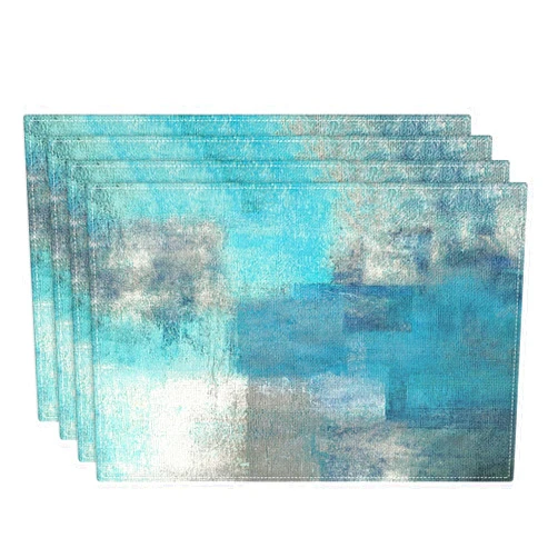 Emvency Farmhouse Placemats Set of 4, 12x18 Inch Modern Teal and Grey Abstract Art Painting Table Mats for Outdoor Home Party Kitchen Dining Decoration