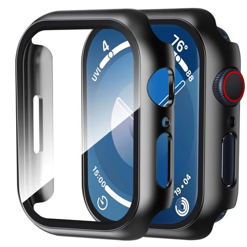 Smiling 2 Pack Case Built in Tempered Glass Screen Protector Compatible with Apple Watch Series 9/Series 8 /Series 7 41mm, Hard PC Case Overall Protective Cover- Black