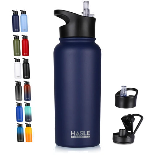 HASLE OUTFITTERS 32 oz Insulated Water Bottle Stainless Steel Double Walled Vacuum Sports Water Bottle with 2 Lids (Straw and Spout Lid) for Gym Camping Hiking(Navy,1)