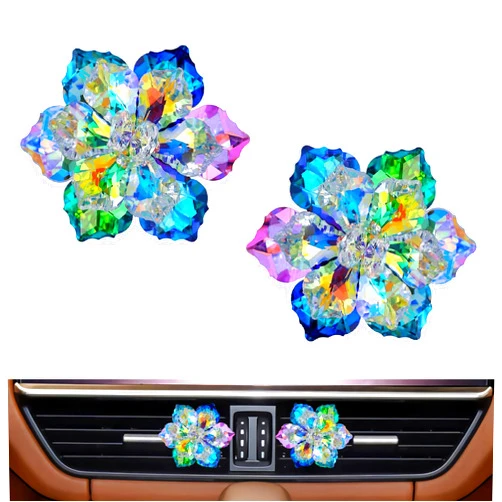 LÈFERS Bling Car Accessories Crystal Daisy Car Vent Clip Air Freshener, 2Pieces Cute Crystal Flower Car Accessories Interior Charm, Car Decorations for Girls Women (Colorful)