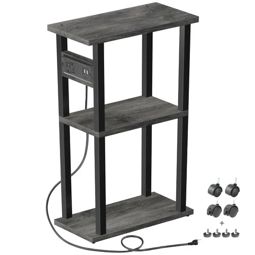 TUTOTAK Small Narrow Side Table with Charging Station, Skinny End Table for Small Spaces, Slim Nightstand with USB Ports and Outlet, Sofa Beside Table with Wheels, Charcoal Grey TB01BY046