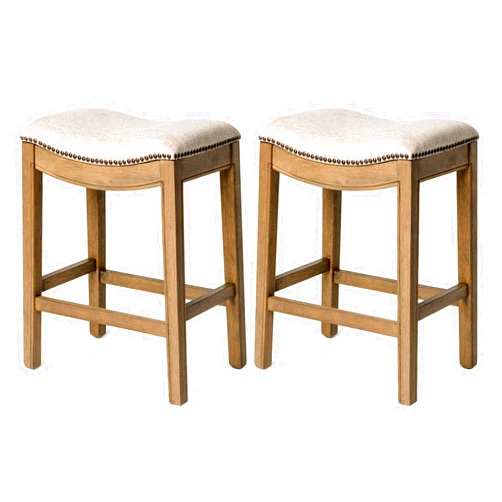Maven Lane Adrien 26 Inch Counter Height Upholstered Backless Saddle Barstool in Natural Wood Finish with Wheat Cream Fabric Cushion Seat, Set of 2