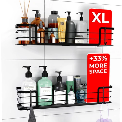Cucino Extra-Large Shower Caddy 2-Pack - 16-Inch Rust-Resistant Black Shower Shelves for Inside Shower, Adhesive Organizer with 4 Removable Hooks, XL Shower Racks for Inside Shower