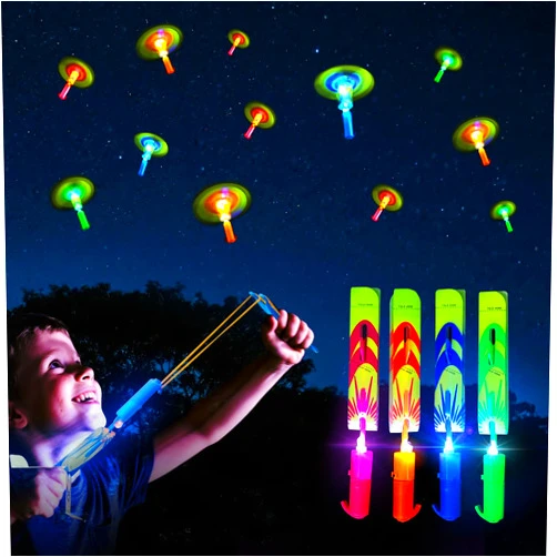 OceanWings 25 Pack LED Flying Toys Set with Whistle,25 Rocket Slingshot+25 Glow Arrow Helicopter for Outdoor Camping Glow in The Dark Party Supplies Flying Outdoor Toys Game LED Slingshot Toy for Kids 8-12,4-8