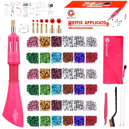 Genround Hotfix Rhinestones Applicator, Hotfix Applicator Tool Iron-on Wand Tool Set with 3 Boxes of Flat Back Gems Round Crystal Rhinestones/Storage Box/Tweezer/Gems Picking Pen for Clothes Shoes