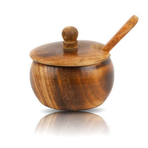 The Great Indian Bazaar Decorative Rustic Wooden Sugar Bowl & Spoon With Lid Wide Mouth Candy Treat Jar Spice Jar Holder Condiment Nuts Serving Bowl Pot Salt Spice Herb Loose Leaf Tea Storage Container Novelty Home & Kitchen