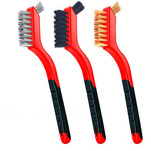 CasaCulina Wire Brush Set 3Pcs, Nylon/Brass/Stainless Steel Bristles with Curved Handle Grip, Small Wire Brushes for Cleaning Rust, Dirt & Paint Scrubbing, 7 Inches Scratch Brush with Deep Cleaning