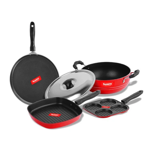 Sumeet 2.6mm Thick Non-Stick Catalan Cookware set (Dosa Tawa – 26.5cm Dia + Mini Multi Snack Maker – 19.5cm Dia + Kadhai With Lid – 1.5Ltr capacity- 20cm Dia + Grill Pan – 1.1Ltr Capacity – 22cm Dia)
